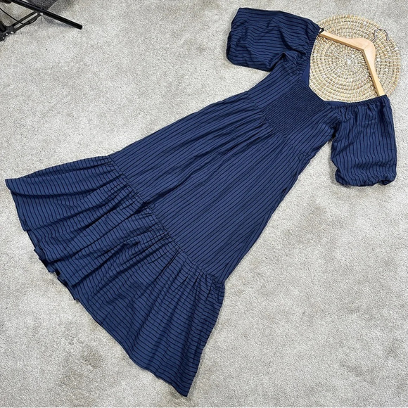 NWT MINKPINK Arielle Midi Dress Shortsleeve Striped Smocked Back Navy Black S - Picture 8 of 16